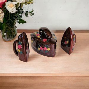 Vintage Redware Antique Flat Iron Shaped Salt and Pepper Shaker Set with Sugar B